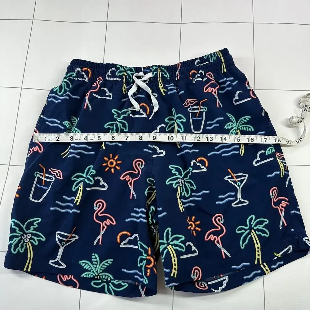 Chubbies Swim Shorts Men Medium Blue Electric Neon Flamingo Palm Tree Mesh Lined